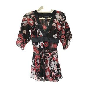Vtg Rampage Y2K Babydoll Blouse Women S Floral Fairy Boho Festival Tie Back Red